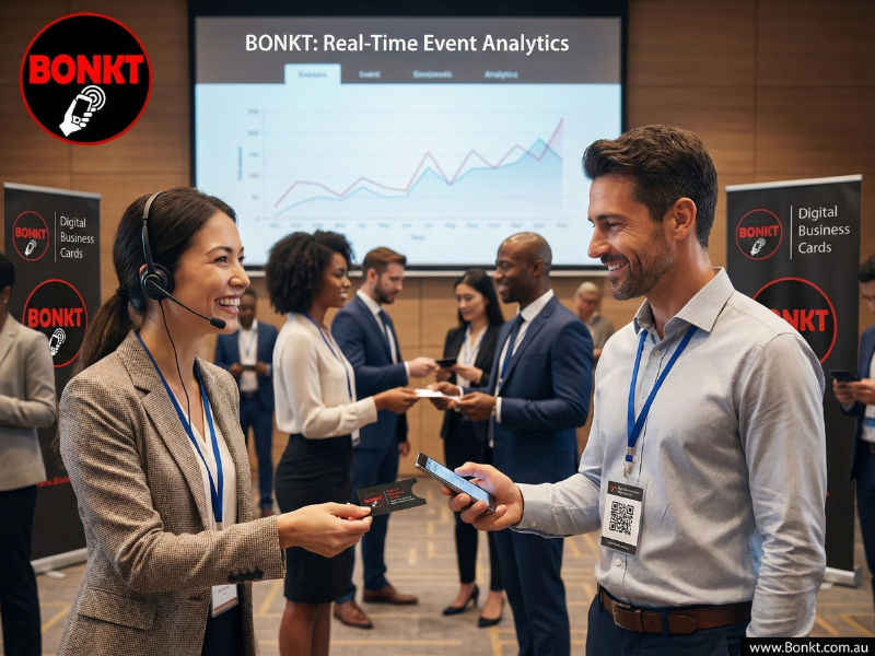 Professionals Sharing BONKT Cards at Networking Event