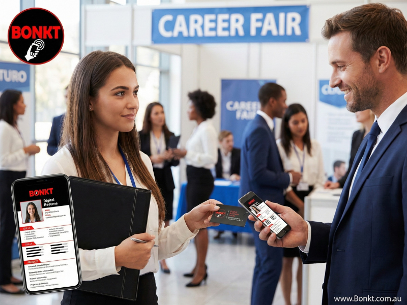 Professional Woman Showcasing BONKT Card in Urban Setting