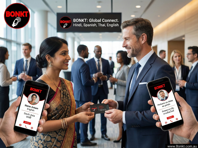 Diverse Professionals Displaying Multilingual BONKT Cards